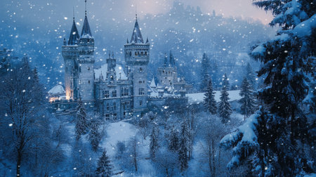 Snowfall over a historic castle with snow-covered towers and treesの素材
