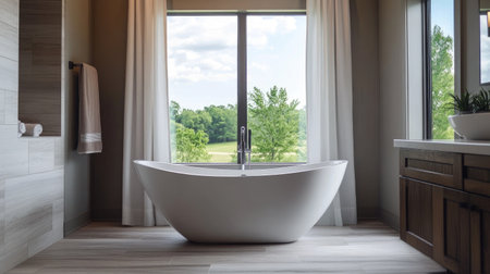 Contemporary bathroom with a freestanding tub, modern fixtures, and clean linesの素材