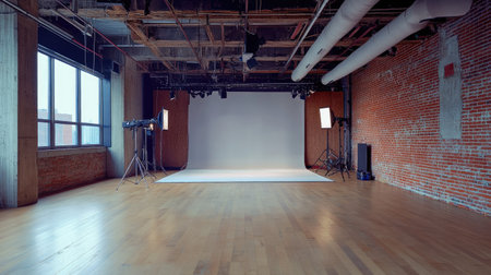 Interior of an empty photography studio with lighting equipment and backdrops, ready for a shootの素材
