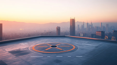 Empty helipad on a skyscraper with no helicopters, cityscape in backgroundの素材