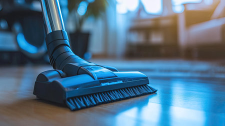 A close-up of a vacuum cleaner's rotating brush head on a laminate floorの素材