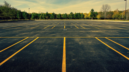 Deserted parking lot with marked spaces and clear lines, no cars, bright daylightの素材