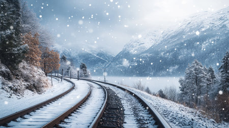 Snowfall over a scenic railway track winding through a snowy landscapeの素材