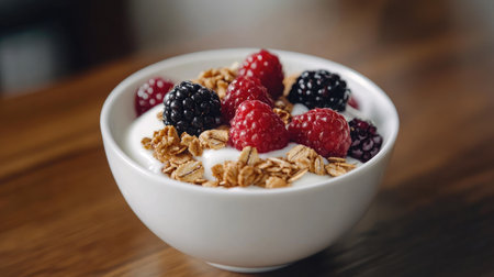 A bowl of creamy yogurt with granola and mixed berries, ready for breakfastの素材