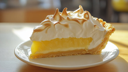 A delicious slice of lemon meringue pie with a golden crust and fluffy toppingの素材