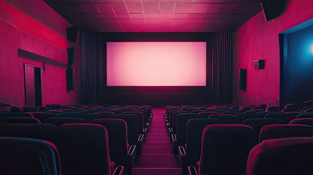 Empty cinema with plush seats and a large, unlit screen, clean and organized spaceの素材