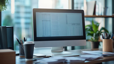 Business workspace with a desktop computer, financial reports, coffee cup, and office supplies, professional and cleanの素材