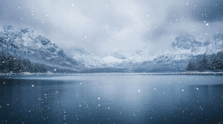 Snow falling on a serene lake with snow-covered mountains in the backgroundの素材