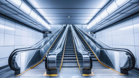Empty escalator in a subway station with no people, clean and well-litの素材