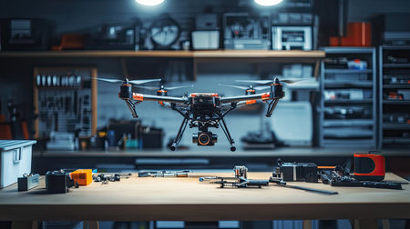 High-tech drone with advanced camera components on a clean workbench, organized environmenの素材