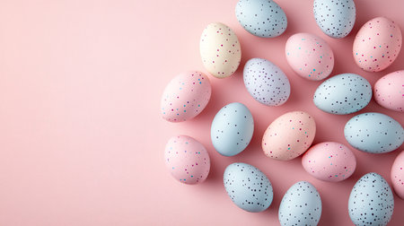 Top-down shot of pastel Easter eggs on a soft-colored surface, featuring a festive holiday concept with ample space for adding personalized textの素材