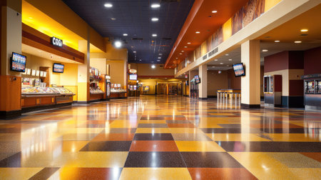 Movie theater with a clean, empty lobby area, concession stands, and ticket boothsの素材