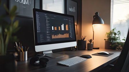 Close-up of a computer screen showing an online meeting interface, clean desk with no usersの素材