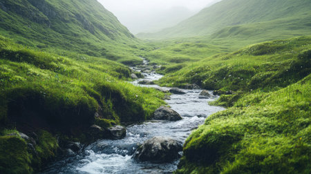 A stream flowing through a lush green valley, highlighting natural water sourcesの素材