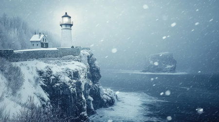 Snow falling on a picturesque lighthouse by the sea with snowy cliffsの素材