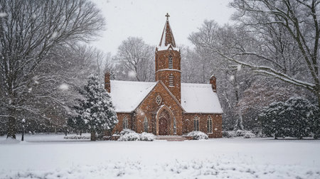 Snowfall over a picturesque church with snow-covered grounds and treesの素材