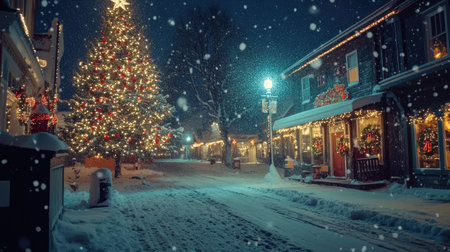 Snowfall in a quaint town square with a decorated Christmas tree and lightsの素材