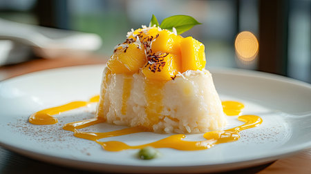 Mango sticky rice dessert with coconut milk drizzle on a white plateの素材