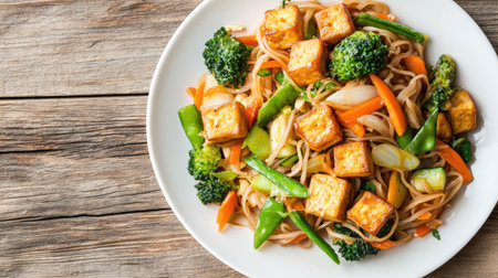 Stir-fried Thai noodles with mixed vegetables and tofu, served on a white plateの素材