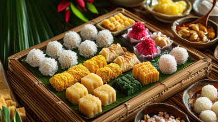 Assorted Thai desserts including golden threads and mung bean cakes, beautifully presented on a bamboo trayの素材