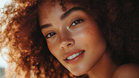 A beautiful woman with perfectly smooth skin, framed by soft curls, smiling gentlyの素材