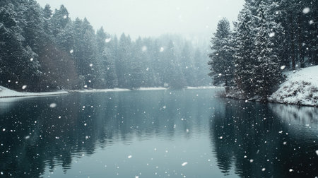 Snow falling on a serene lake with snow-covered banks and treesの素材