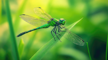 A vibrant green dragonfly perched on a blade of grassの素材