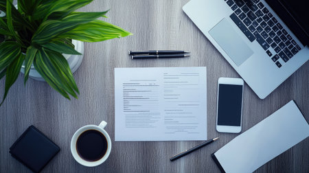 Organized business desk with a laptop, smartphone, documents, pen, and coffee cup, top view, neat arrangementの素材