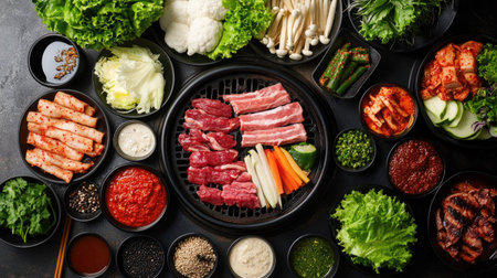 A traditional Korean BBQ table with an assortment of marinated meats, vegetables, and dipping sauces, ready for grillingの素材