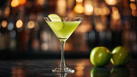 A refreshing green apple martini on a bar counterの素材