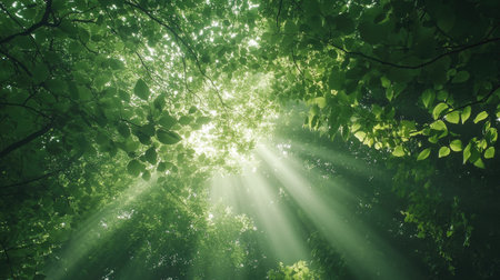 A lush green forest canopy with sunlight filtering through the leavesの素材