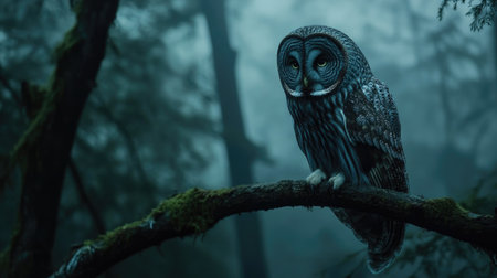 A grey owl perched on a tree branch in a dense, misty forestの素材