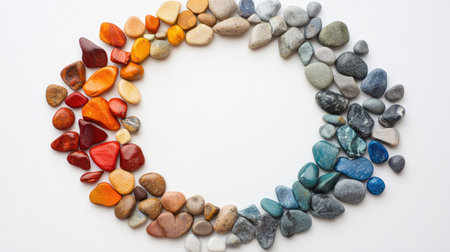 A creative circle graph made with colorful pebbles arranged on a white backgroundの素材
