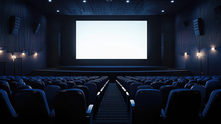Modern movie theater with empty seats and a large, darkened screen, ready for a filmの素材