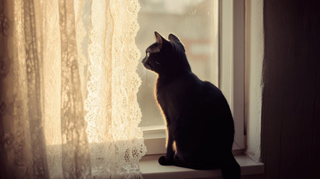 A black cat sitting on a white windowsill, sunlight streaming through lace curtainsの素材