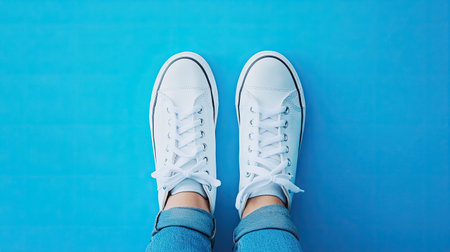 Bright blue background with a pair of white sneakers, centered and stylishly positionedの素材