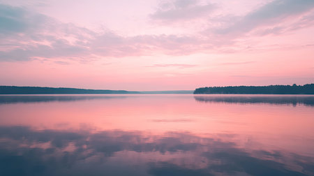 A rose-colored sky reflected in the calm waters of a lake at dawn, creating a serene atmosphereの素材