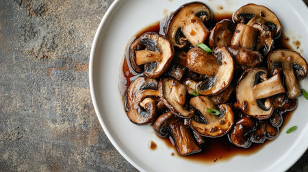 A white plate with shiitake mushrooms and a drizzle of soy sauce, ready for an Asian-inspired dishの素材