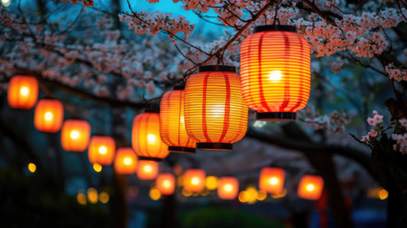 Traditional Japanese lanterns hanging in a park during a spring festival, with cherry blossoms illuminated at nightの素材