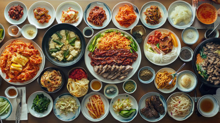 A traditional Korean table spread with kimchi, bulgogi, japchae, and colorful banchan dishes, ready to be enjoyedの素材