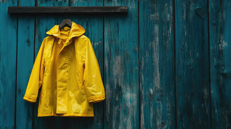 A yellow raincoat hanging on a wooden hook, ready for a rainy day adventureの素材