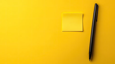 Clean yellow background with a yellow sticky note, with a black pen placed beside itの素材