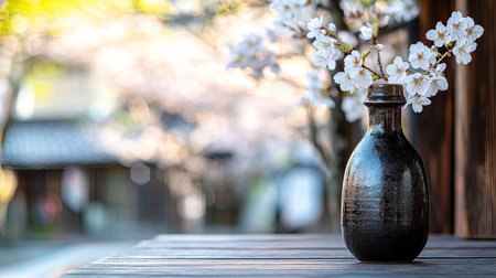A close-up of a sake set on a wooden table with cherry blossoms in the background, highlighting springtime in Japanの素材
