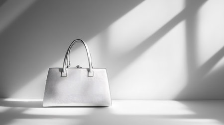 Simple white background with a stylish handbag, perfectly positioned with subtle shadowingの素材