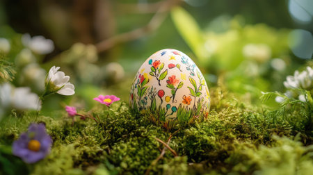 A close-up of a decorated Easter egg nestled in a bed of moss and spring flowers, creating a natural, earthy feelの素材