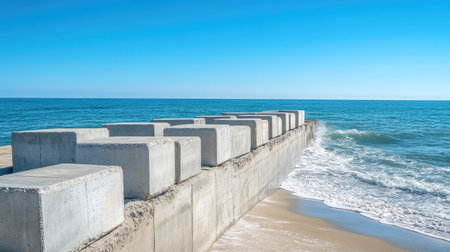 Background of a recently completed seawall with sturdy concrete blocks, designed to protect the coastlineの素材