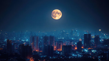 A full moon rising over the city, symbolizing the universal celebration of Sharad Purnimaの素材