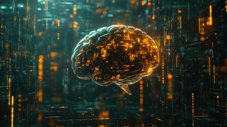 A digital AI brain surrounded by glowing data streams, floating in a vast, cybernetic voidの素材