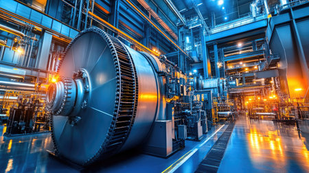 View of a power plant with large turbines and control systems, symbolizing electrical and mechanical engineeringの素材