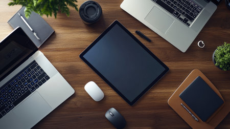 A creative workspace with a tablet, laptop, and wireless mouse, connected to cloud storage, top viewの素材